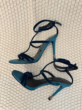 Tom Ford Teal Velvet Strappy Stiletto Sandals